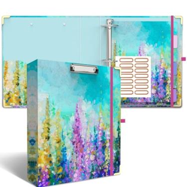 Imagem de Fichário de 3 anéis, anel de 5 cm, 2 bolsos internos, 6 divisórias de abas, prancheta de perfil baixo com armazenamento, fichário fofo moderno e adesivos de etiquetas para escritório escolar (pintura