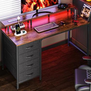 Imagem de Huuger Mesa de computador de 120 cm com tomadas elétricas e luzes LED, mesa de jogos com 4 gavetas, mesa de escritório com suporte para monitor, mesa de estudo para escritório em casa, espaços