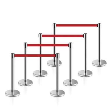 Imagem de MICHELANGELO Kit 8 Pedestais Premium Organizador Separador de Fila Cromado com Fita Retrátil Vermelha 2 Metros Anti-Oxidante