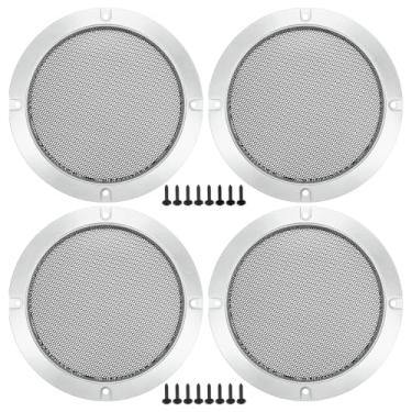 Imagem de ACROPIX Capa universal de grade de alto-falante de carro de 12,7 cm redonda de malha de 5 polegadas caixa protetora de subwoofer com parafusos ferro prateado tom preto - pacote com 4