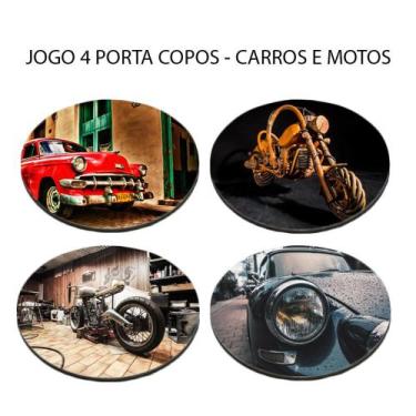 Imagem de Jogo 4 Porta Copos Bolacha de Chopp Redondo Personalizado Carros e Mot