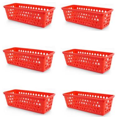 Imagem de Kit 6 Cestos Multiuso Comprido Retangular Vermelho 28x11x8 Cm 123Organ