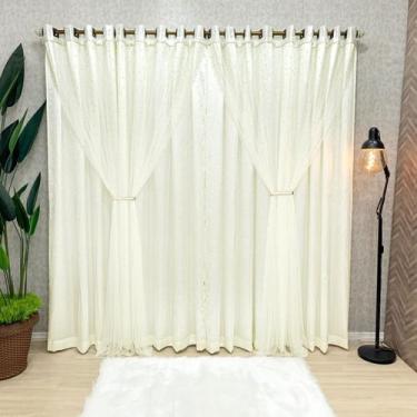 Imagem de Cortina com Voil de Pérolas Cetim Amassado Pérola 3,00m x 2,50m Palha 