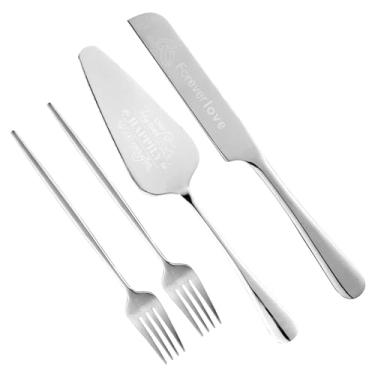 Imagem de Conjunto de corte de bolo personalizado para casamento, conjunto de 4 peças de faca e servidor de bolo de casamento, cortador de bolo e garfos para casamento, aniversário, presente de formatura