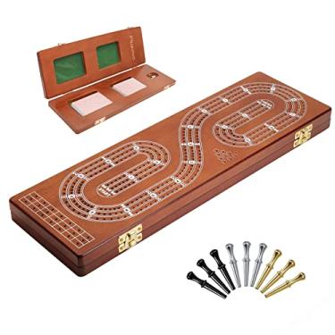 Imagem de Cribbage Board Game Set 3 Tracks, Plusvivo Solid Oak Wood Cribbage Boards Unique with 9 Metal Pegs & 2 Storage Area, 15.5 X 4.9 X 1.2 in Travel Portable Cribbage Game Sets
