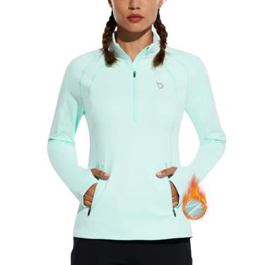 Imagem de BALEAF Jaqueta feminina de corrida de lã com meio zíper para clima frio, camisetas térmicas, pulôver, atlético, treino, inverno, Verde, 3G