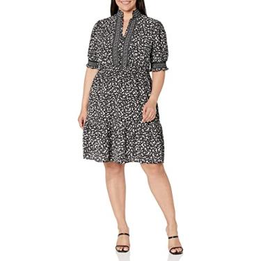 Imagem de London Times Vestido feminino fácil feminino versátil decote com babados na cintura, Preto/branco macio, 25 Plus Size