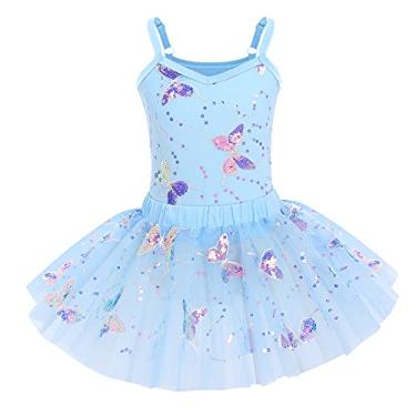 Imagem de ODASDO Collant de balé com saia tutu para meninas, dança, ginástica, macacão, roupa de treinamento de borboleta brilhante, Azul, 9-10 Anos
