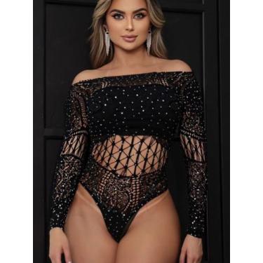 Imagem de Body gringo arrastao com pedrarias de brilho - Poderosa Modas, Preto