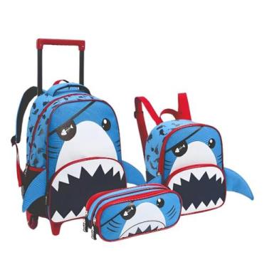 Imagem de Kit Mochila Rodinha C/ Lancheira e Estojo Escolar Tubarão - ELLO