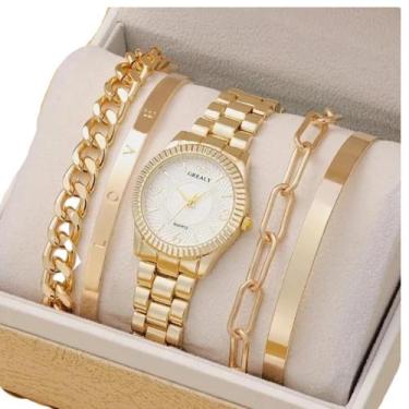 Imagem de Relógio Feminino Dourado Minimalista Grealy + Kit Pulseiras