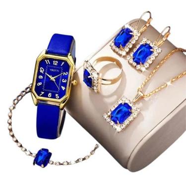 Imagem de Relógio Feminino Azul Alto Luxo + Colar Brinco Anel Original - Ybotti