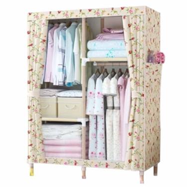Imagem de Guarda-roupa Armário de guarda-roupa resistente dobrável grosso madeira maciça montado oxford pano único tecido dormitório aluguel pano guarda-roupa armário