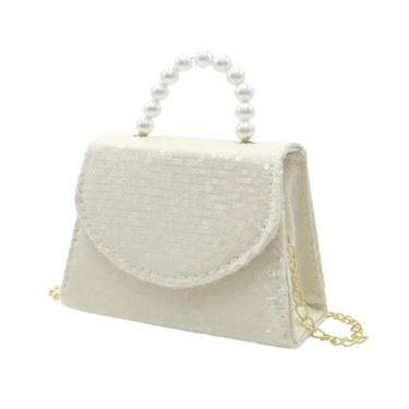 Imagem de BOLLEY JOSS Mini bolsa infantil de lantejoulas para meninas com alça de pérola, corrente dourada, bolsas transversais fofas para crianças pequenas, Off-white, One Size