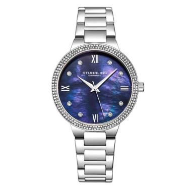 Imagem de Relgio Stuhrling Carrara 3907 38mm, mostrador azul, pulseira de ao inoxidvel prateado e fivela de implantao prata