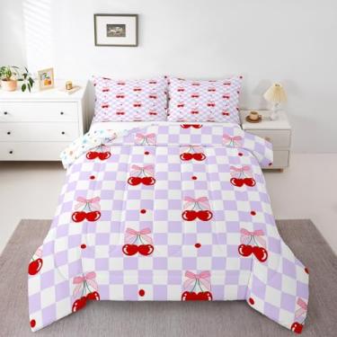 Imagem de Conjunto de edredom infantil com laço rosa, tamanho Queen, gravata borboleta, cereja e fruta, decoração de quarto de meninas e mulheres, edredom geométrico quadriculado de patchwork, enchimento de