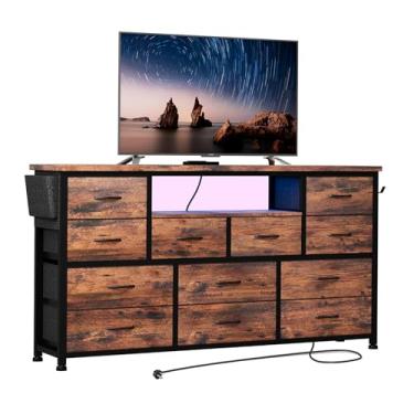 Imagem de LIVEHOM Suporte de TV com tomada elétrica e LED para TV de 139 cm, cômoda longa para quarto com 12 gavetas, ampla mesa de console para armazenamento no armário, sala de estar, entrada, topo de madeira