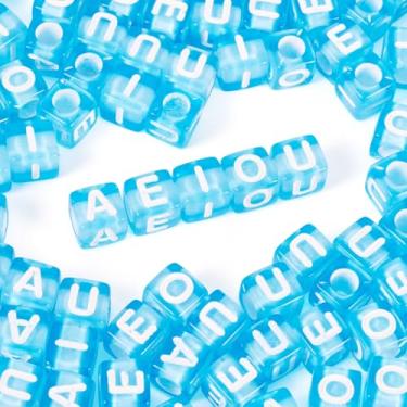 Imagem de Elcrelive 100 peças 7 mm contas de letra cubo transparente acrílico alfabeto vogal azul claro AEIOU letra solta pingentes espaçadores para amizade pulseira colar jóias verão