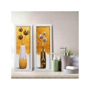 Imagem de Kit 2 Quadros Decorativos Banheiro Lavabo Floral Preto Branco e Dourad