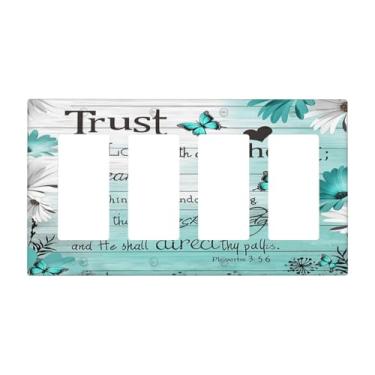 Imagem de Aqua/azul-petróleo borboleta margarida tulipa citação 4 gangues quadriciclo/GFCI interruptor de luz placa decorativa para banheiro sala de estar, decoração, tamanho jumbo, sem parafusos