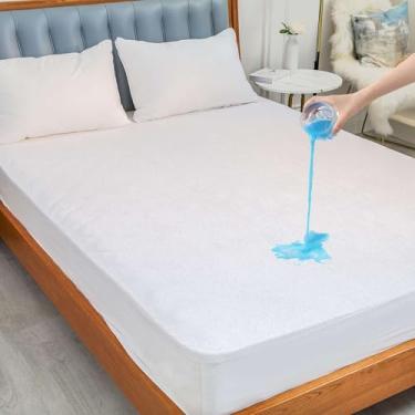 Imagem de Protetor de colchão impermeável Queen Size, capa de colchão de algodão felpudo branco premium, macio e respirável, capa de estilo ajustado, serve para cama de 152 x 203 cm com bolso profundo de 30 cm