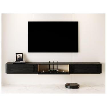 Imagem de CUTPOIY Armário de TV de parede de nogueira, prateleira de armazenamento de TV de madeira maciça, centro de entretenimento moderno com encosto oco, mesa de console de mídia flutuante, suporte de TV