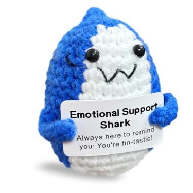 Imagem de Animais de crochê positivos fofos tubarão boneca de apoio emocional com cartão de incentivo pelúcia inspiradora pepitas de crochê feitas à mão presentes engraçados animar decoração de mesa para