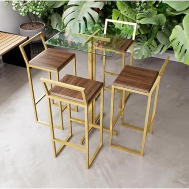 Imagem de Jogo Mesa Alta Bistrô Quadrada Vidro 4 Banquetas Imbuia Confort Industrial Dourado