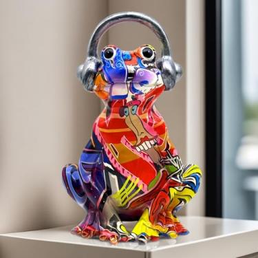 Imagem de XINDAM Sapo engraçado ouvir música com fones de ouvido, estatuetas, artesanato, modelo, casa, escritório, decoração decorativa para sala de estar (sapo 2)
