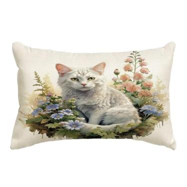 Imagem de JAERUE Capa de almofada decorativa de gato com decoração floral de casa de fazenda fronhas para sofá sofá varanda pátio primavera verão capas de almofada lombar, 12×20 polegadas (bege)