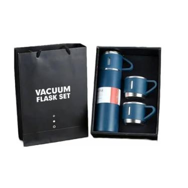 Imagem de Kit Garrafa Térmica Inox com 3 Xícaras Caneca Vácuo Squeeze Bebidas Fria ou Quente Inox 500ml (Azul)