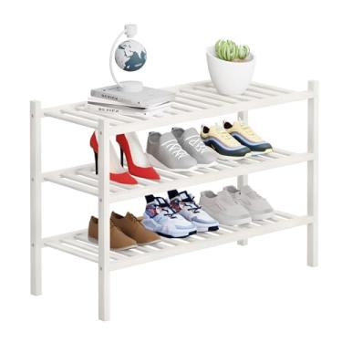 Imagem de Buymoth Organizador de armazenamento de sapatos de bambu de 3 níveis para armário, organizador multifuncional empilhável de prateleira de sapatos para espaços pequenos, entrada, corredor, banheiro 68