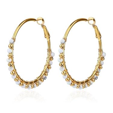 Imagem de TaYolnFaSo Brincos de argola com contas preto/branco/azul, ouro 18K, grande, feito à mão, joia com contas de pedra natural, presente para mulheres, Ouro amarelo, Turquesa branca