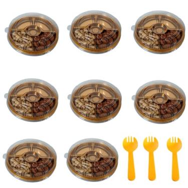 Imagem de Bandejas de aperitivo de plástico dourado com garfos de tampa, bandeja redonda descartável de 25,4 cm, 5 travessas secionais para servir salada para lanche de legumes, recipientes de alimentos para