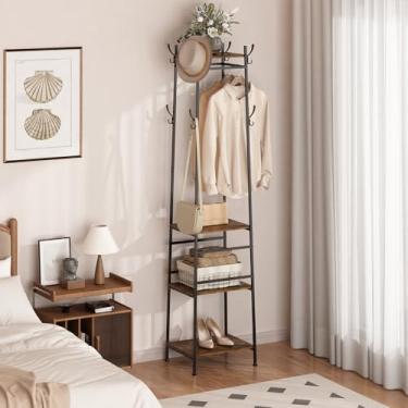 Imagem de Cabideiro de Chão Organizador para Roupas, Mancebo Cabideiro Chão de Metal, Partição de 4 Camadas de Madeira e Vários Ganchos, Ideal para Organizar Halls de Entrada, Quartos e Salas de Estar