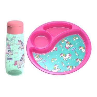 Imagem de Prato Com Divisória + Garrafinha Unicornio Astronauta 350ml - - Potte,