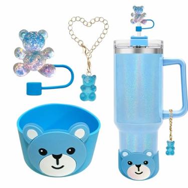 Imagem de 3 peças de bota de silicone para copo Stanley 30 e 1,134 g, capa de palha fofa protetor inferior de urso acessórios de copo adequados, sem copo (azul)