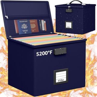 Imagem de Caixa de arquivos à prova de fogo azul marinho para documentos - Caixa organizadora de documentos portátil à prova de fogo com alça à prova d'água e pasta de bloqueio segura com tampa