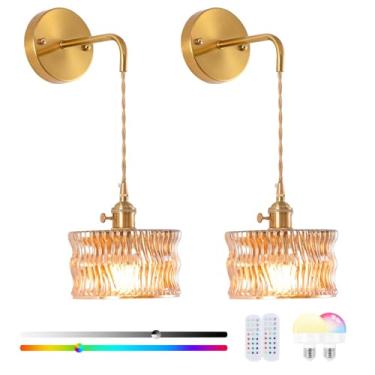 Imagem de Rnzziw Arandela de parede vintage operada a bateria com corrente ajustável, arandelas de parede recarregáveis sem fio com controle remoto, lâmpada de parede vintage de latão para sala de estar quarto