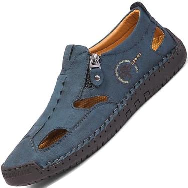 Imagem de Sandálias masculinas de bico fechado para homens, vestido de couro, branco, azul, marrom, preto, tamanho verão, chinelos, sapatos masculinos casuais, Azul, 44