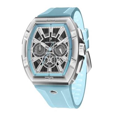 Imagem de Paras Crown Relógios masculinos Tonneau 5ATM à prova d'água quartzo luxuoso cronógrafo analógico masculino caixa de aço inoxidável relógios masculinos, Azul, Esportes, moda, luxo, casual