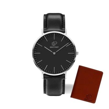 Imagem de Relógio Masculino Couro Preto Luxo New Port 40mm + Carteira