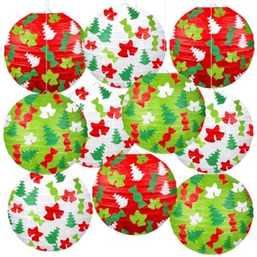 Imagem de KAXIXI Decorações de festa de Natal – 10 peças, vermelho, verde, branco, sino doce, design de árvore de Natal, lanternas de papel penduradas para festas de Natal, chá de bebê, aniversário, decoração