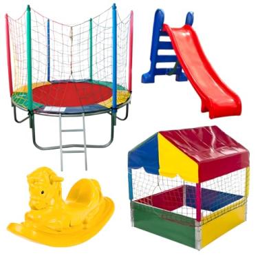 Imagem de Kit Playground Trampolim Cama Elástica Pula Pula 1,83m Piscina de Bolinhas 1,00m Quadrada Escorregador Médio Gangorra 1 Lugar