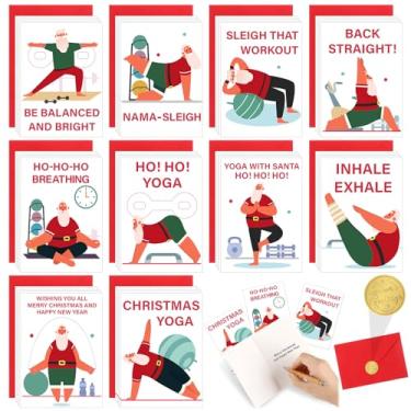 Imagem de AmazingSpark Pacote com 50 cartões de Natal para ioga com envelopes cartões engraçados de feliz Natal e envelopes vermelhos adesivos dourados para adultos presentes de festa de Natal, 14 x 10 cm