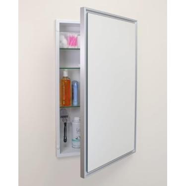 Imagem de Armário de remédios para banheiro embutido retangular Parker Metro Metro 16x26 cm, espelho flutuante, abertura de parede de 35,5 x 61 cm, aço revestido com pó, prateleiras de vidro ajustáveis, fecho