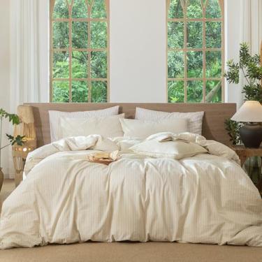 Imagem de MooMee Conjunto de capa de edredom listrado 100% algodão lavado como linho texturizado respirável durável macio confortável (listras largas cinza leite amêndoa, grande, 208 x 218 cm)