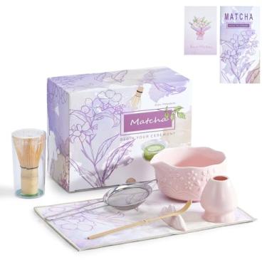 Imagem de Feestars Conjunto de batedor Matcha, kit de cerâmica bonito Matcha inclui tigela (Chawan), batedor e suporte, colher de bambu, descanso de colher, peneira e toalha de chá, 7 peças de ferramentas para