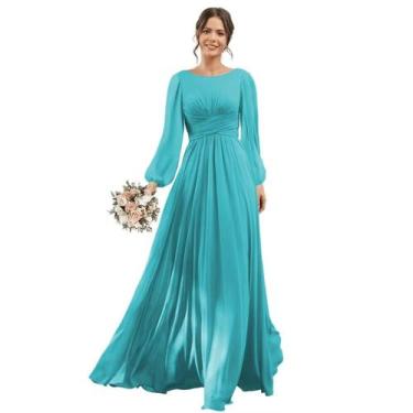 Imagem de Vestido de dama de honra YOFF, mangas compridas, azul aqua, chiffon, U