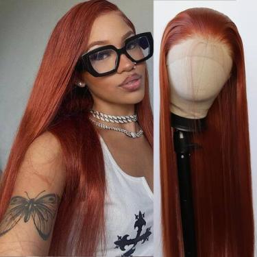 Imagem de Peruca sintética frontal de renda BTWTRY Ginger Brown Long Straight